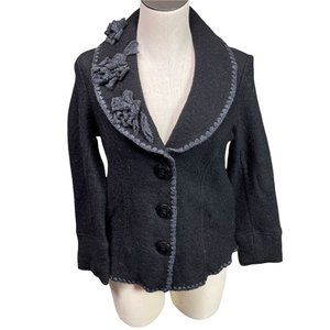 Tweeds Black Floral Embroidered Wool  Blazer Jacket Small